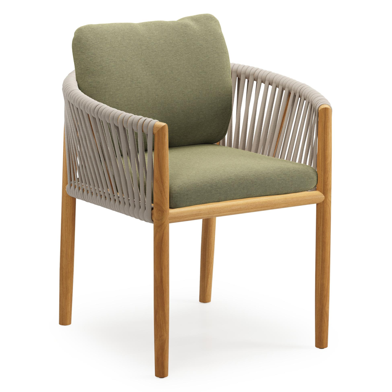 Organo tuinstoel in teak en beige verticaal geweven luxe vlakke rope met zitkussen in All Weather Sunbrella® Luxe Heritage Leaf