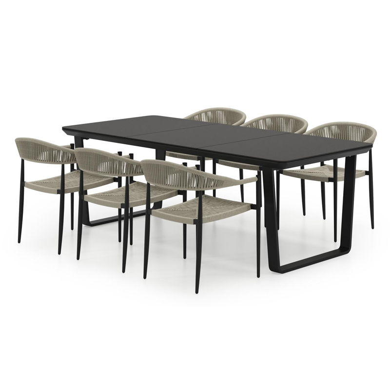 Alora tuinset in zwart aluminium en zwart sintered stone met 6 stapelbare Guarda tuinstoelen