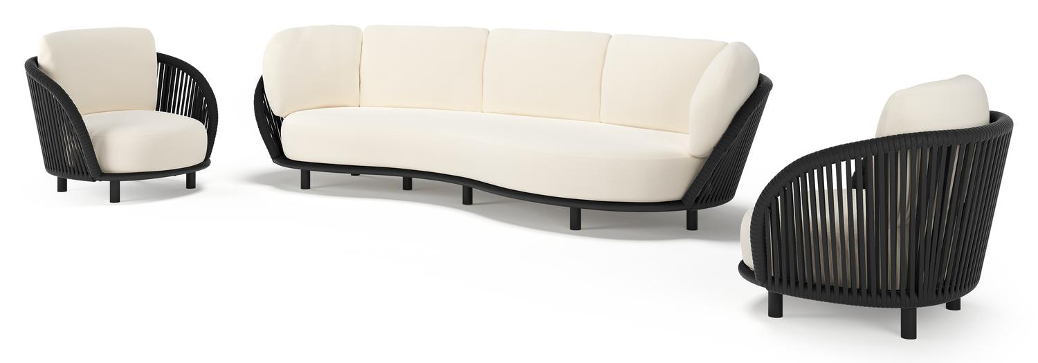 Lupino loungeset in zwart aluminium en zwart verticaal geweven luxe vlakke brede rope met natte white all weather sunbrella® luxe kussen