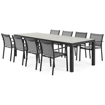 Varese tuinset in zwart aluminium en grijs keramisch glas tafelblad met 8 stapelbare Bareto tuinstoelen
