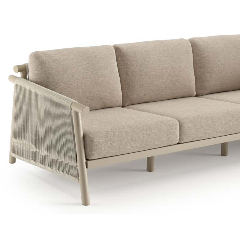 Erla loungeset in beige verticaal geweven ronde rope en beige verticaal geweven ronde rope met rustic weather+ softtouch kussen