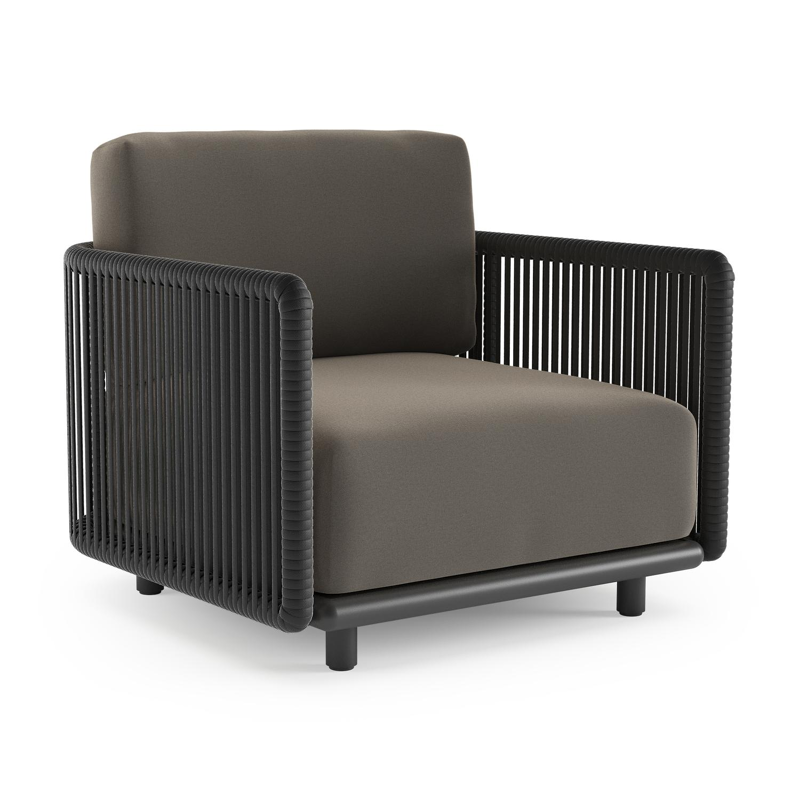 Fauteuil de jardin Organo en aluminium noir et corde luxe plate tissée verticalement noir et coussin en all weather Sunbrella® luxe natte carbon beige