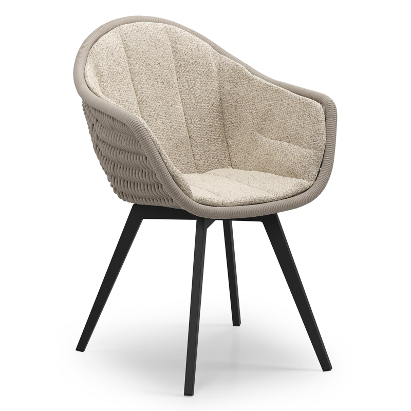 Pagino tuinstoel in zwart aluminium en beige verticaal geweven ronde rope met zitkussen in All Weather Cosytica Bora Desert