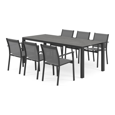 Ensemble de jardin Trente en aluminium noir avec plateau de table en céramique pleine gris et 6 chaises de jardin empilables Bareto