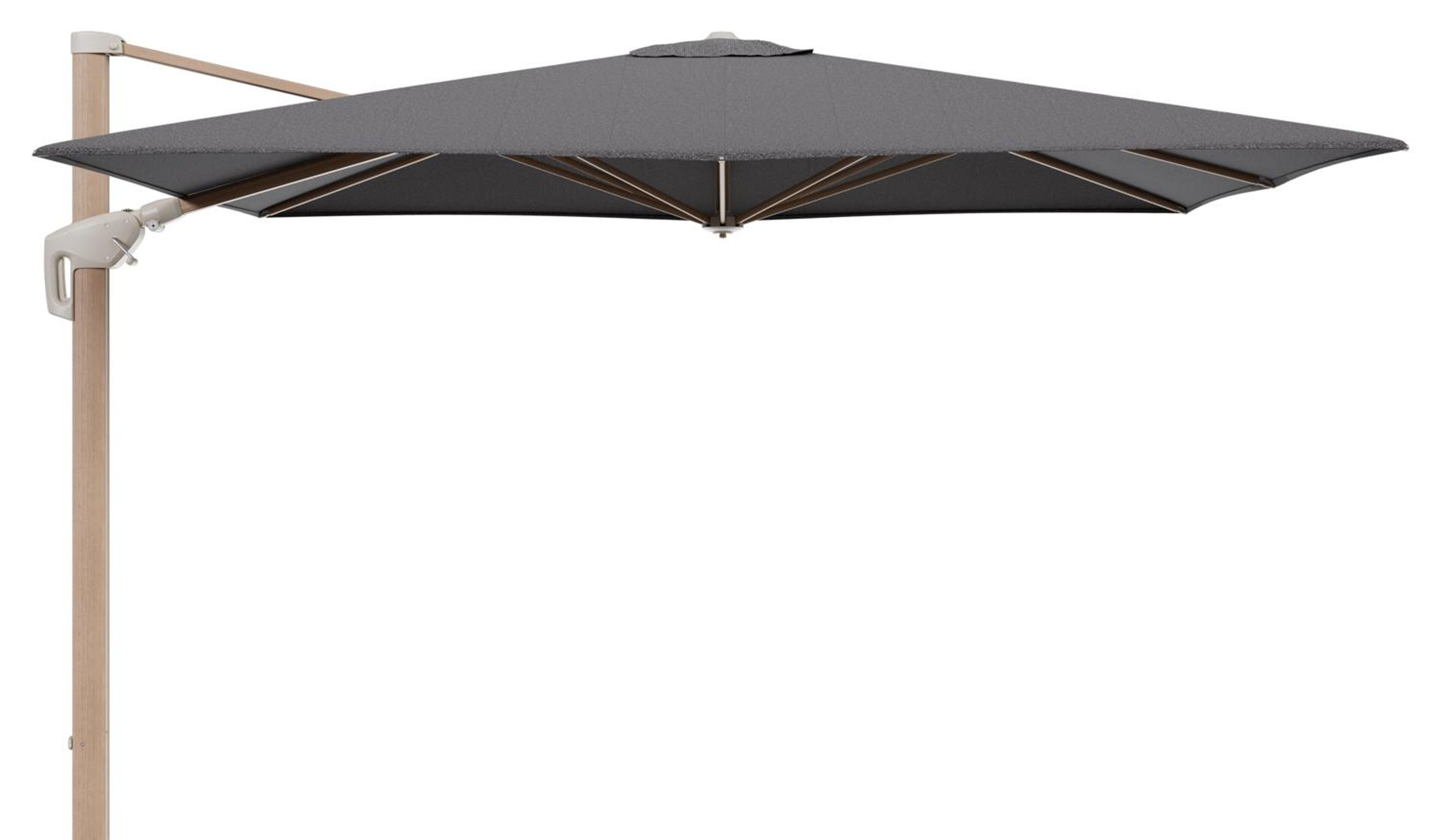 Minore zweefparasol met tiltfunctie in houtlook aluminium en Firenze Tunder All Weather Solica parasoldoek - L1 280 x L2 370 cm (zonder voet)