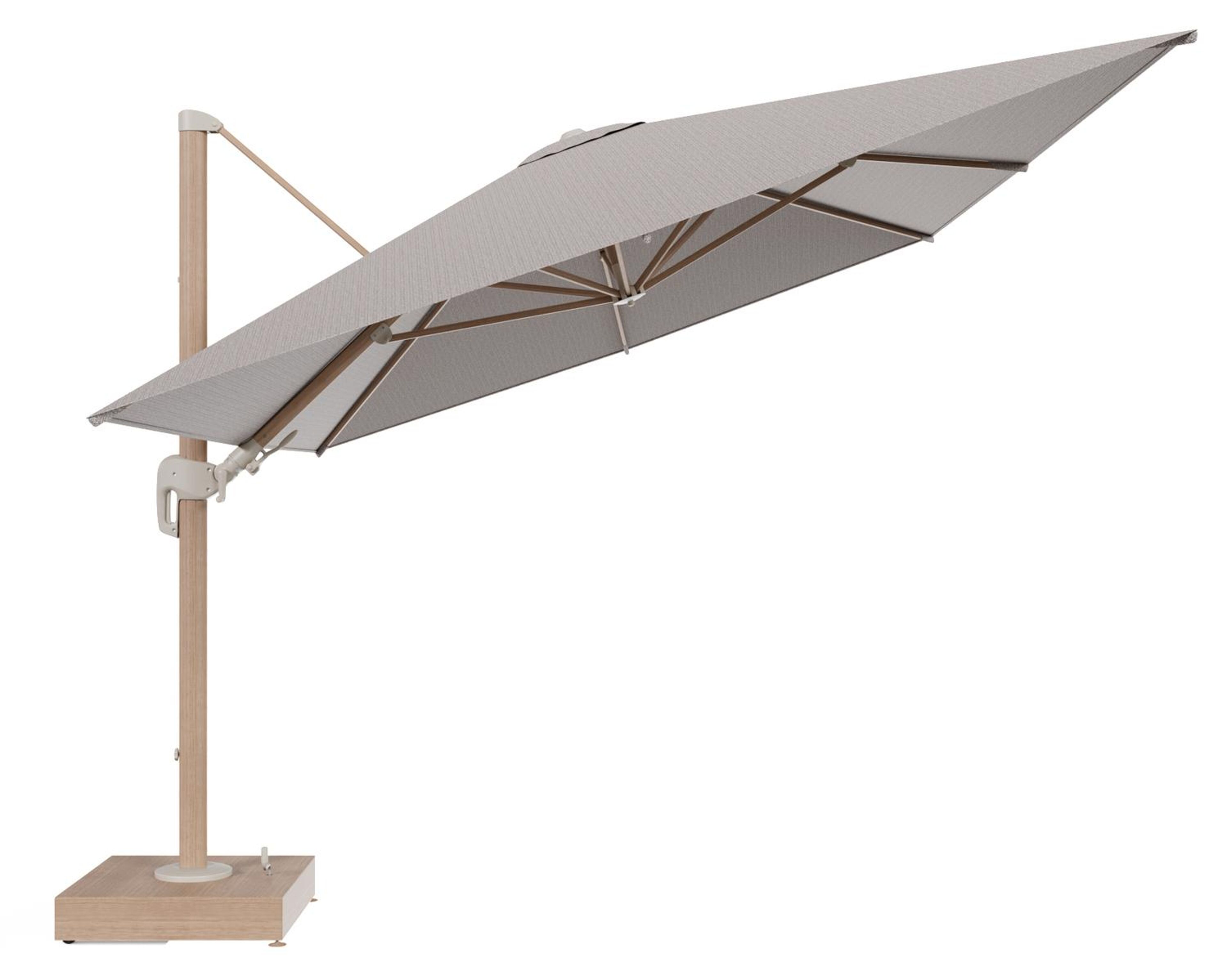 Parasol pendant Rufina tilt en aluminium aspect de bois et toile All Weather Sunbrella® Luxe Wander Granite - Lg.1 400 x Lg.2 300 cm avec pied de parasol Minore 150 kg avec roulettes