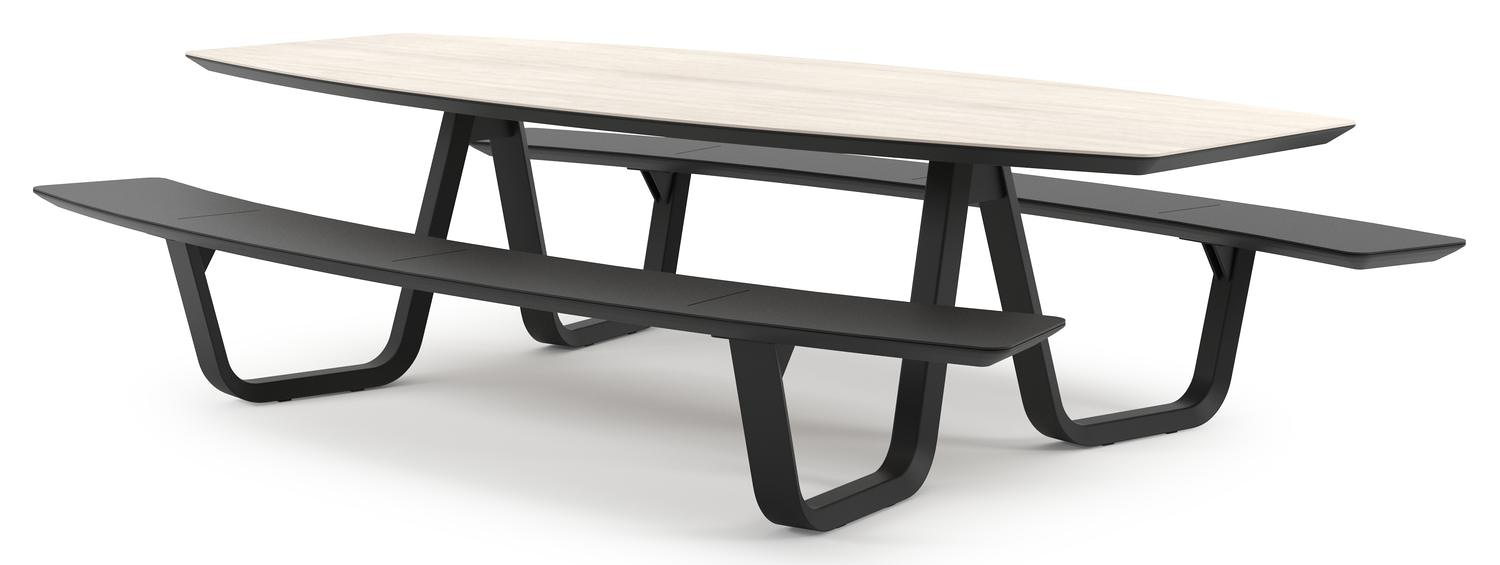 Table de pique-nique Forno forme de bateau en aluminium noir et céramique pleine Travertino Bianco - Lg. 280 x Lrg. 192 x Haut. 72 cm