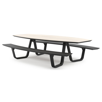 Forno picknicktafel bootvorm in zwart aluminium en volkeramiek Travertino Bianco - L 280 x B 192 x H 72 cm