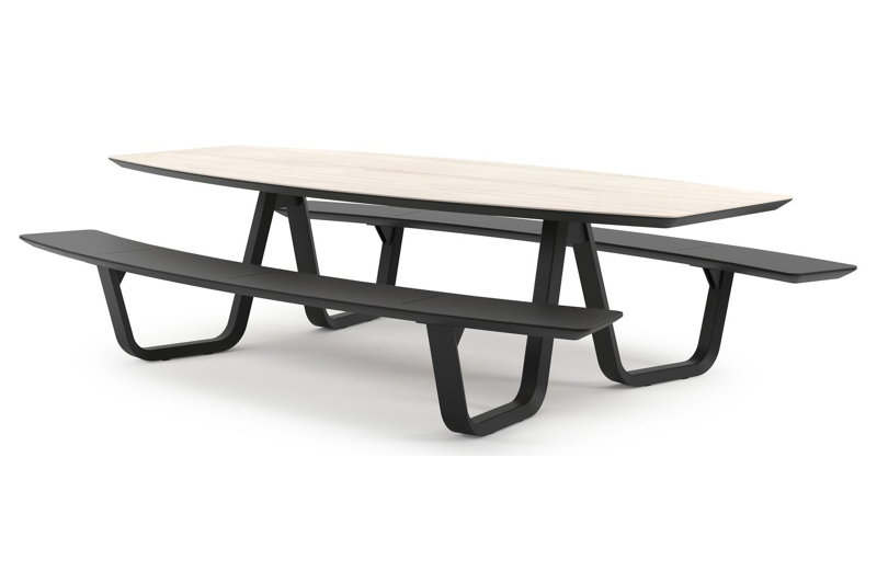 Forno picknicktafel bootvorm in zwart aluminium en volkeramiek Travertino Bianco - L 280 x B 192 x H 72 cm