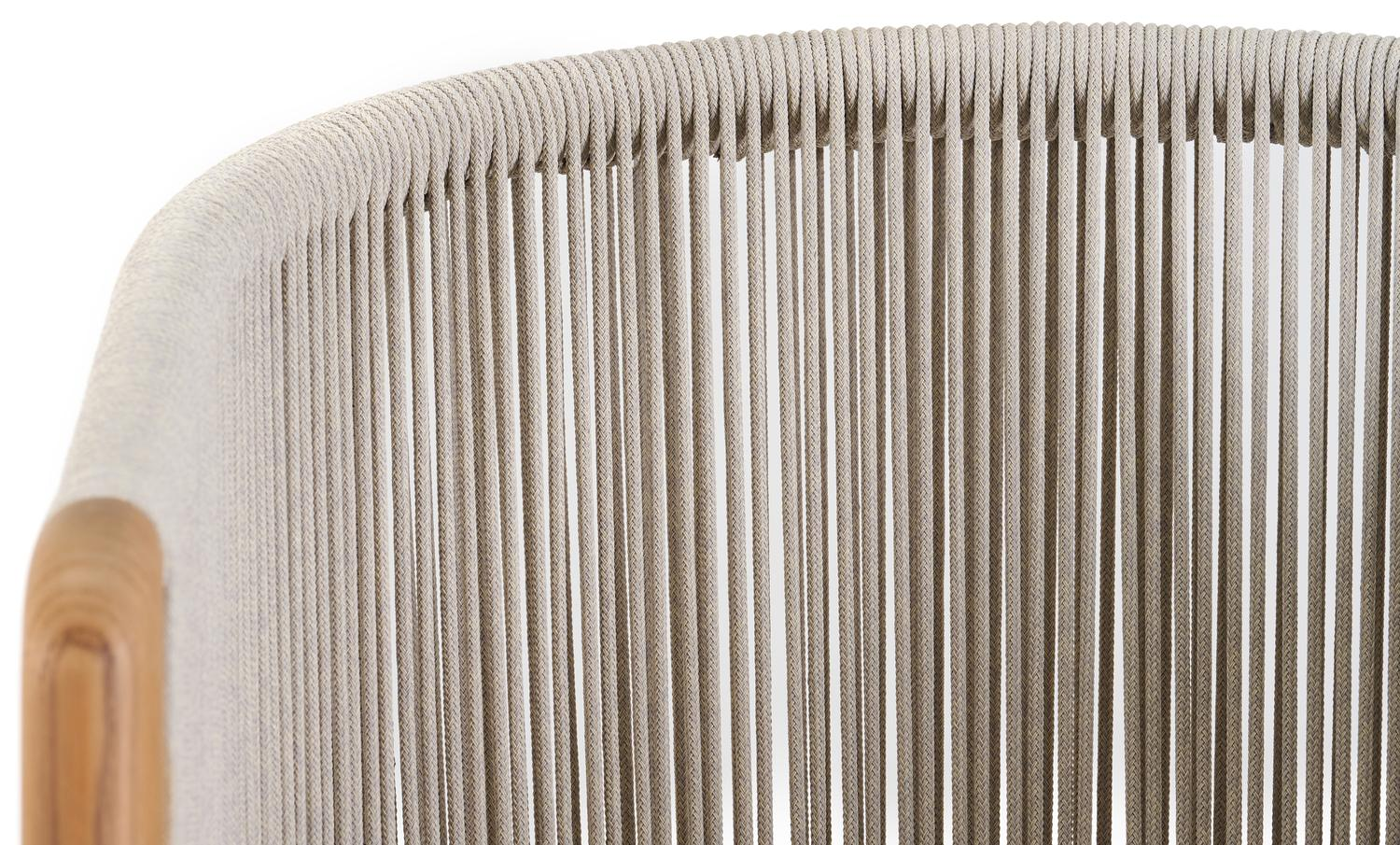 Gardo tuinstoel in teak en beige verticaal geweven ronde rope met kussen in chartres pewter all weather sunbrella® luxe