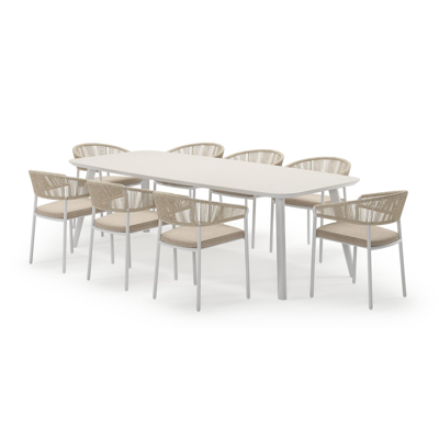 Mosa ensemble de jardin forme de bateau en aluminium blanc en sintered stone crema minerale avec 8 chaises de jardin Zamora