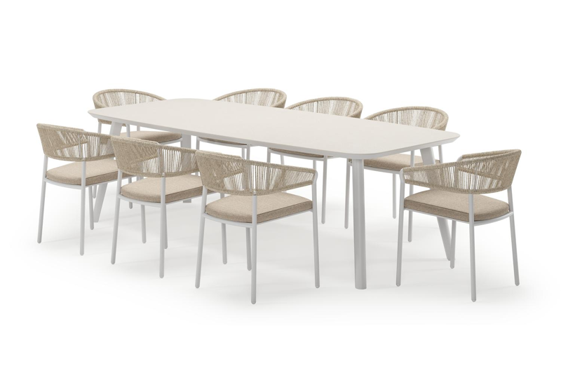 Mosa bootvormige tuinset in wit aluminium en sintered stone crema minerale met 8 Zamora tuinstoelen