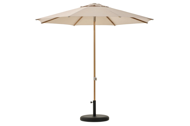 Umbria staanparasol in natural woodlook en beige Sunbrella® Premium parasoldoek - Dia. 250 cm met Plana parasolvoet 40 kg