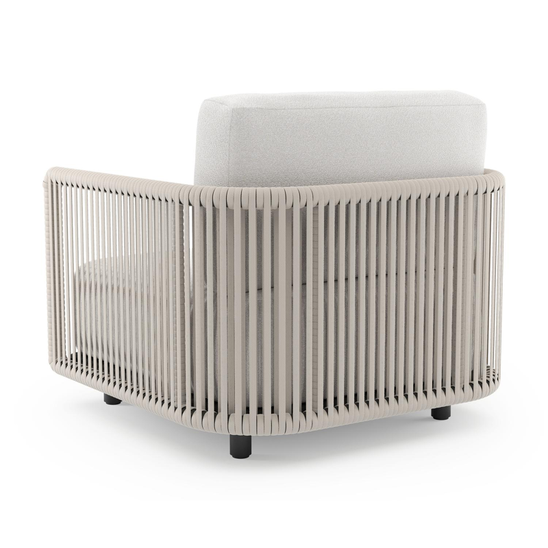 Fauteuil de jardin Organo en aluminium noir et corde luxe plate tissée verticalement beige et coussin en all weather Solica soul optik