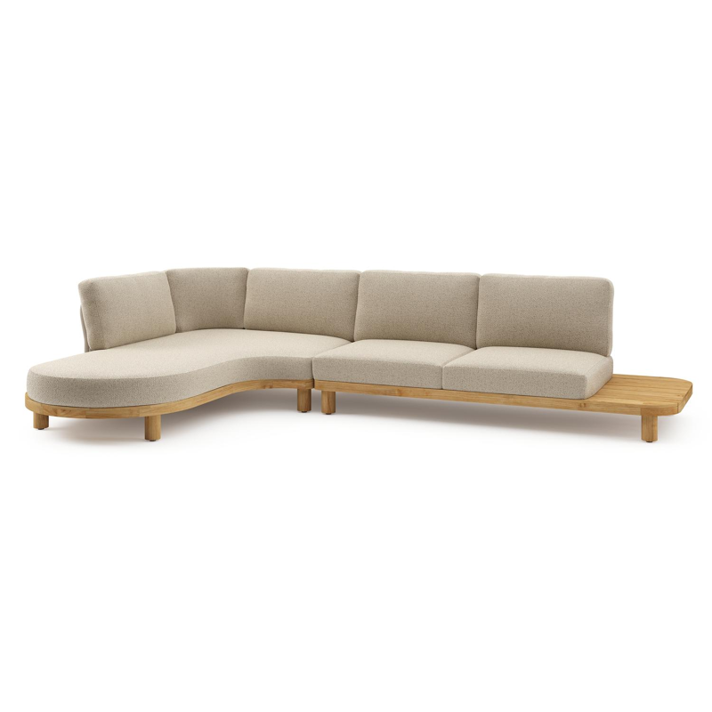 Donato loungehoek in teak en beige verticaal geweven ronde rope met all weather cosytica Bora Forest kussen