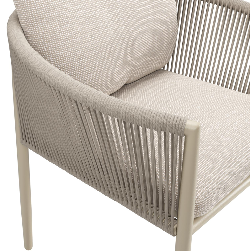 Organo tuinstoel in zwart aluminium en beige verticaal geweven ronde rope met stoelkussen in All Weather Sunbrella® Luxe Slow Farafra