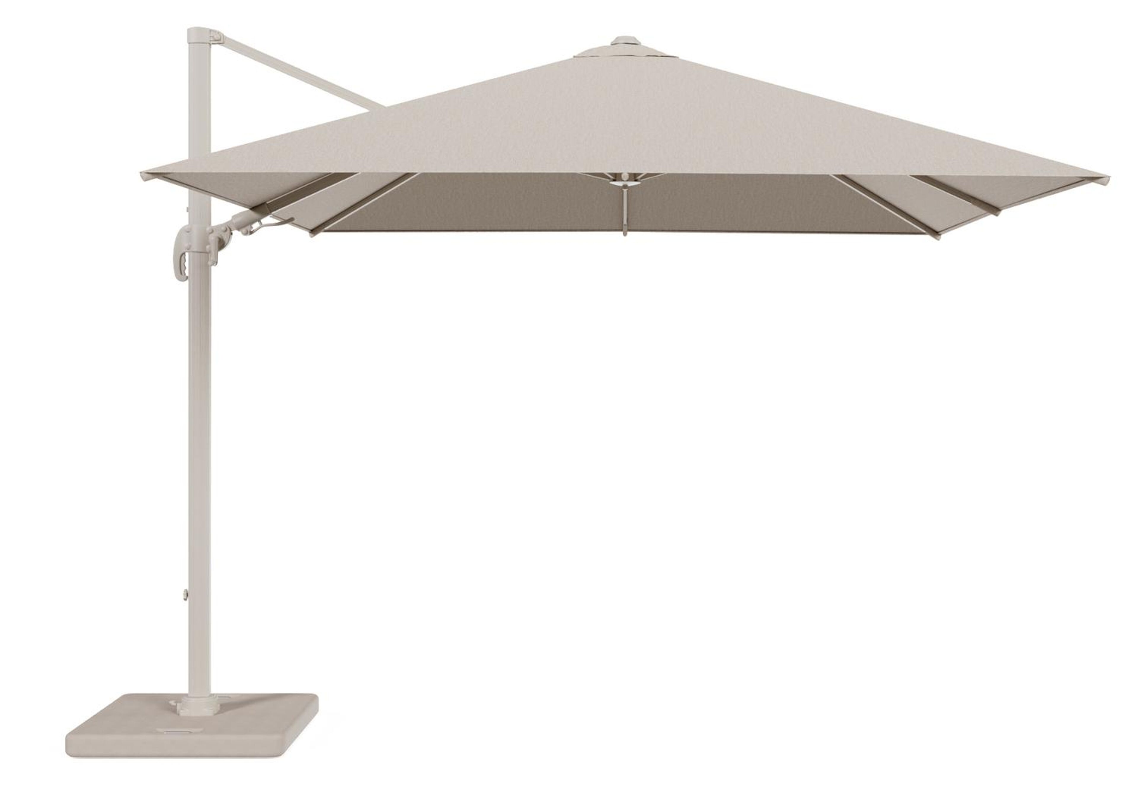 Avola zweefparasol met tiltfunctie in beige aluminium en rustic Weather+ Softtouch parasoldoek - L1 300 x L2 300 cm met parasolvoet Pedito 120 kg