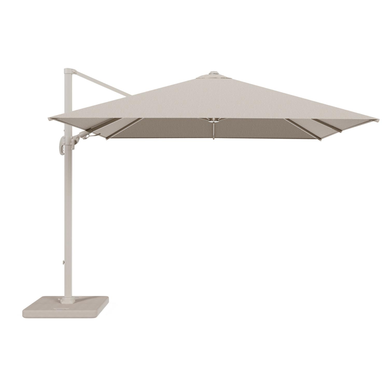 Avola zweefparasol met tiltfunctie in beige aluminium en rustic Weather+ Softtouch parasoldoek - L1 300 x L2 300 cm met parasolvoet Pedito 120 kg