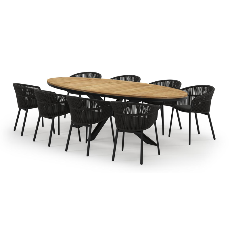 Pamplona ovale tuinset in zwart aluminium en teak natural finish met 8 Matera tuinstoelen