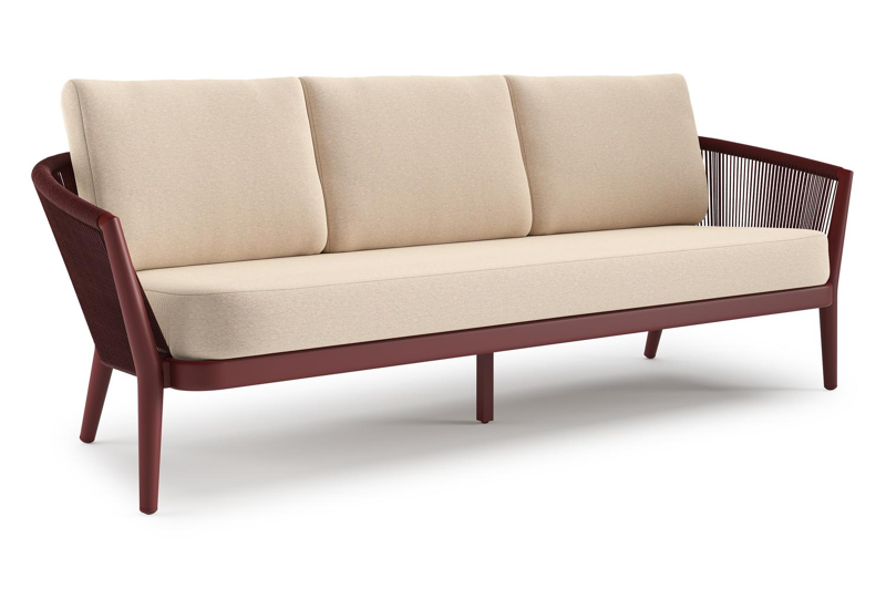 Orso loungebank in ruby aluminium en ruby verticaal geweven ronde rope met Heritage Papyrus all weather sunbrella® luxe kussen