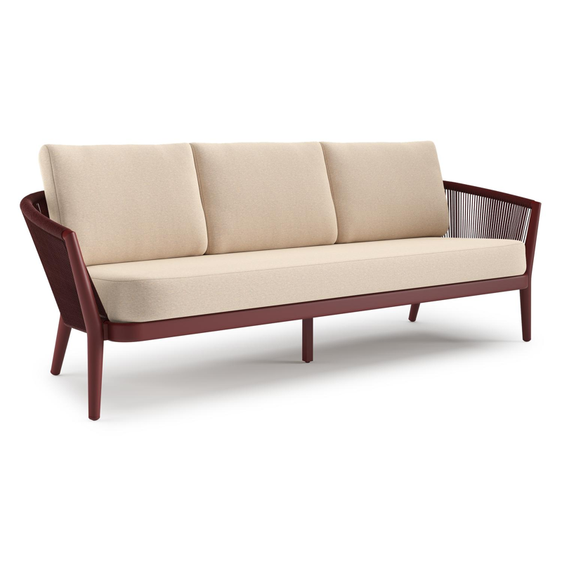 Canapé de jardin Orso en aluminium ruby en corde ronde tissée verticalement ruby et coussins en all weather sunbrella® luxe Heritage Papyrus