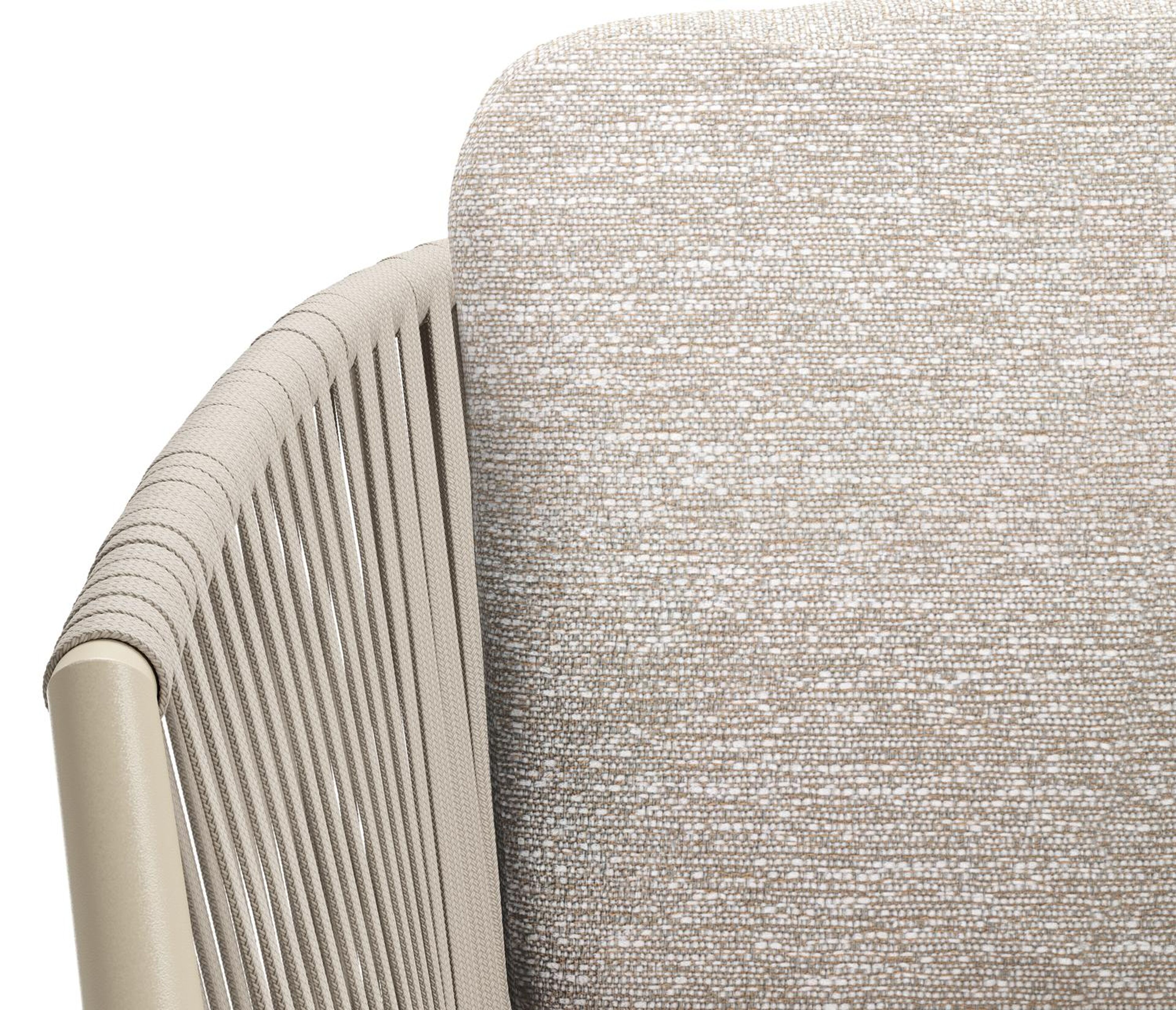 Orso tuinstoel in beige aluminium en beige verticaal geweven vlakke rope met luxe zitkussen in All Weather Sunbrella® Luxe Tundra Sand