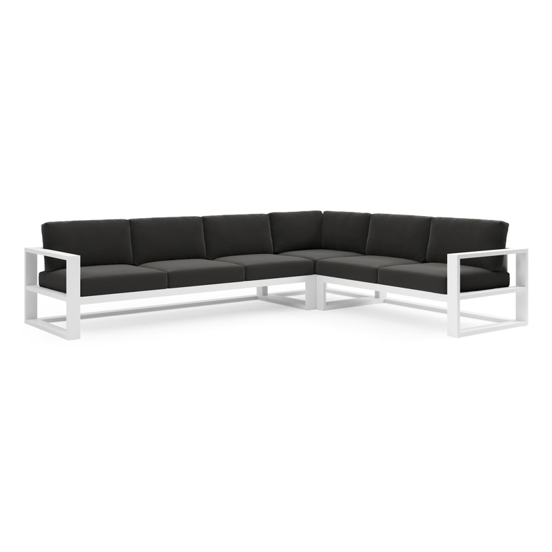 Salon de jardin d'angle Verato en aluminium blanc et coussins en all weather sunbrella® luxe natte sooty