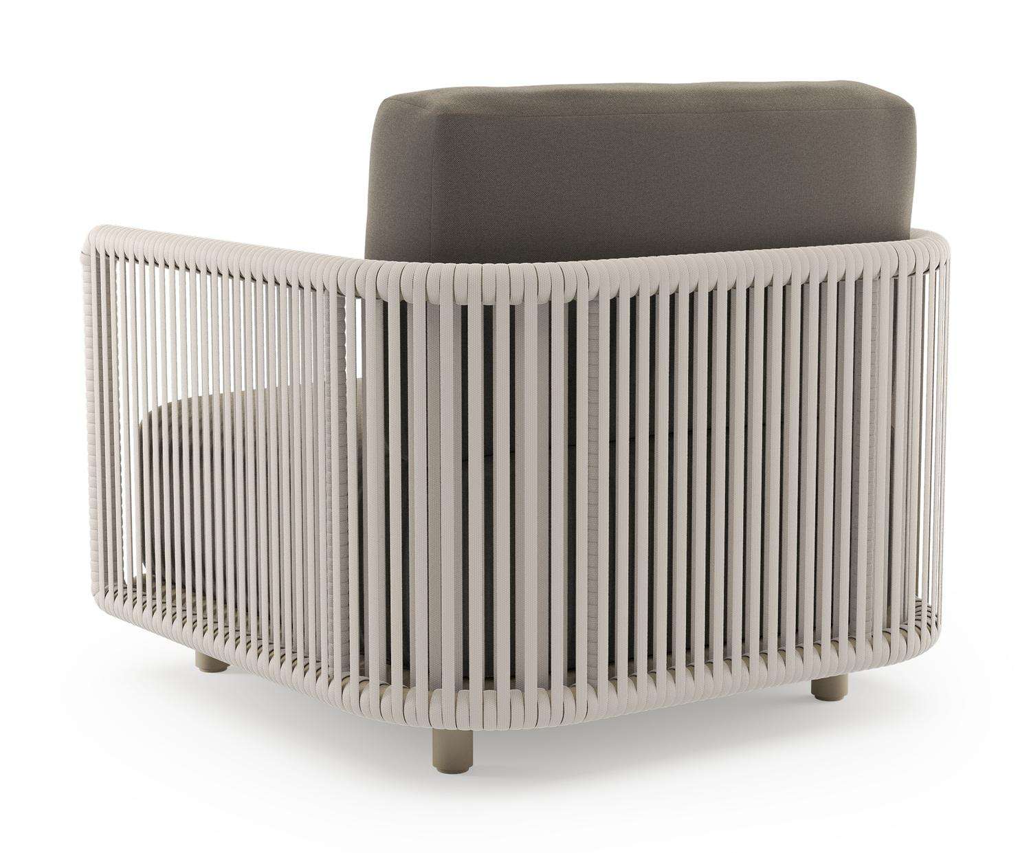 Fauteuil de jardin Organo en aluminium beige et corde luxe plate tissée verticalement beige et coussin en all weather Sunbrella® luxe natte carbon beige