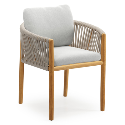 Organo tuinstoel in teak en beige verticaal geweven luxe vlakke rope met zitkussen in All Weather Sunbrella® Luxe Natte Grey Chine