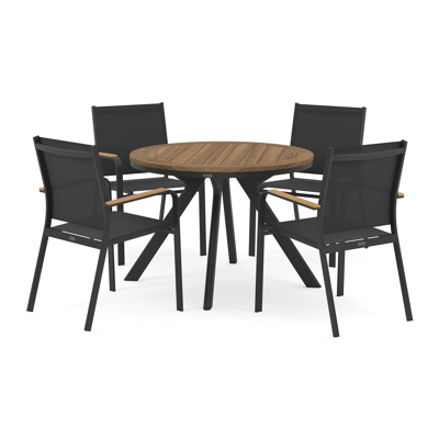 Viaro tuinset in zwart aluminium en colour finish teak tafelblad met 4 stapelbare Amalfi tuinstoelen
