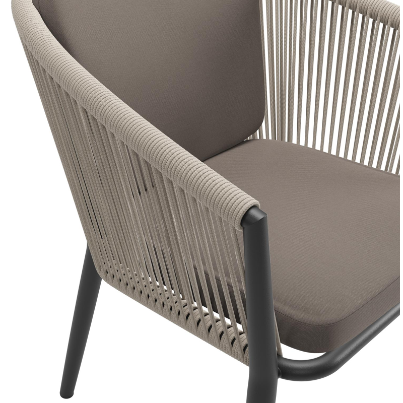 Orso tuinstoel in zwart aluminium en beige verticaal geweven ronde rope met zitkussen in All Weather Sunbrella® Luxe Natte Nature Grey