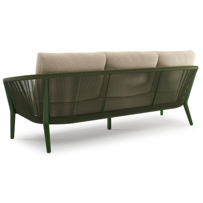 Orso loungebank in groen aluminium en groen verticaal geweven ronde rope met Althea Camel all weather cosytica kussen