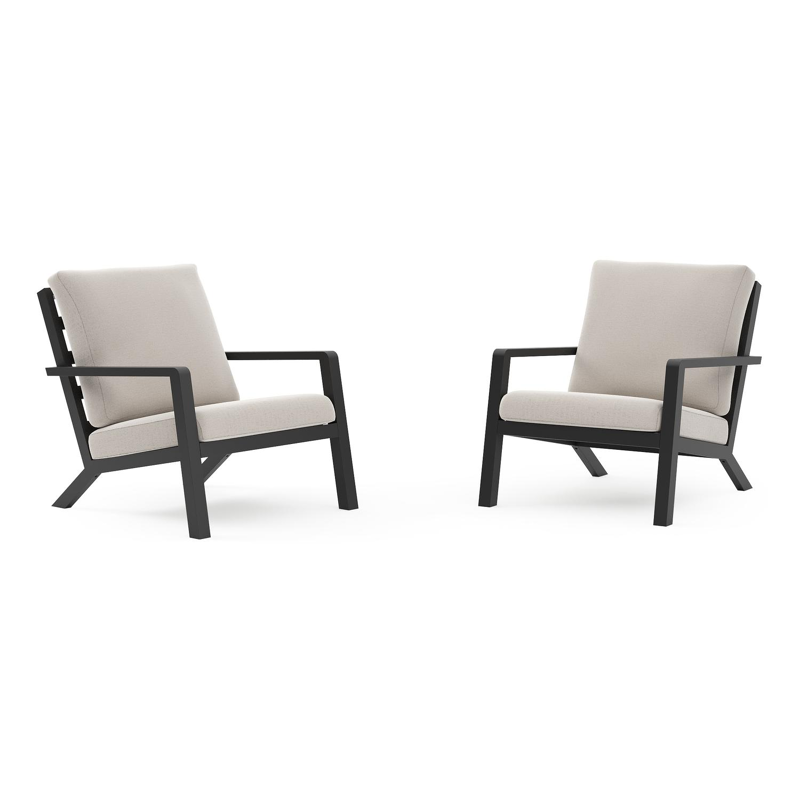 Set van 2 Nelas loungestoelen in zwart aluminium met beige weather+ softtouch kussens