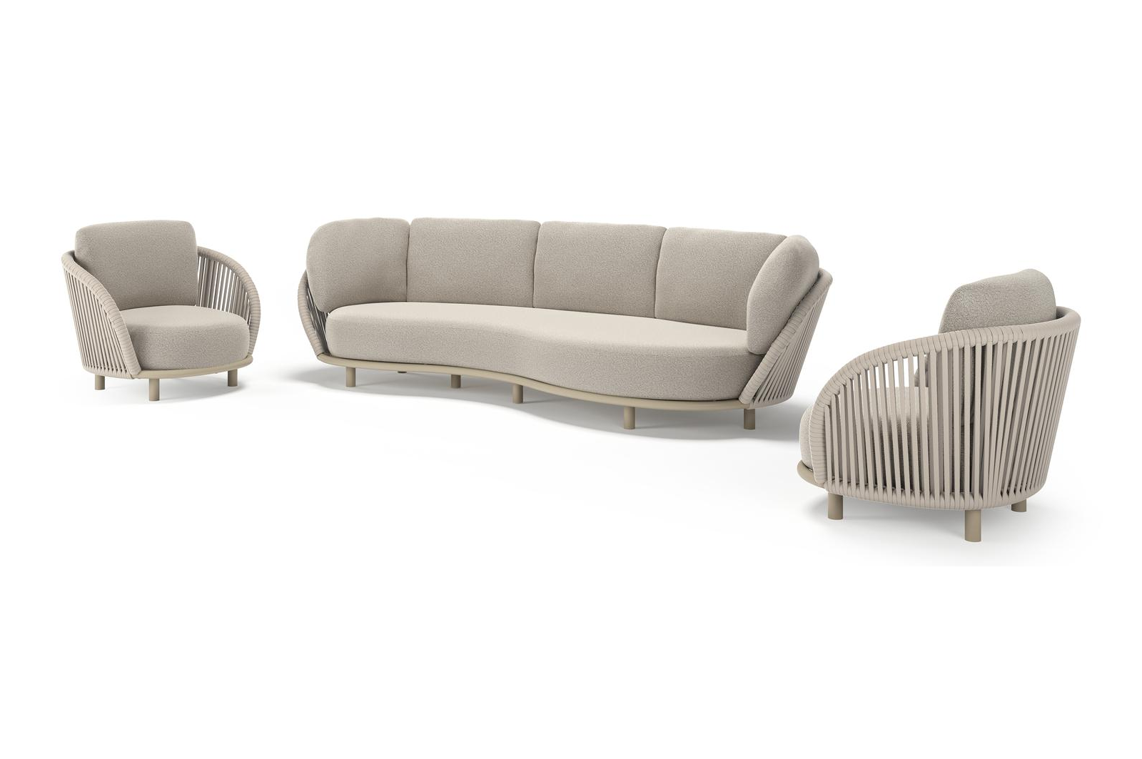 Lupino loungeset in beige aluminium en beige verticaal geweven luxe vlakke brede rope met firenze sand all weather solica kussen