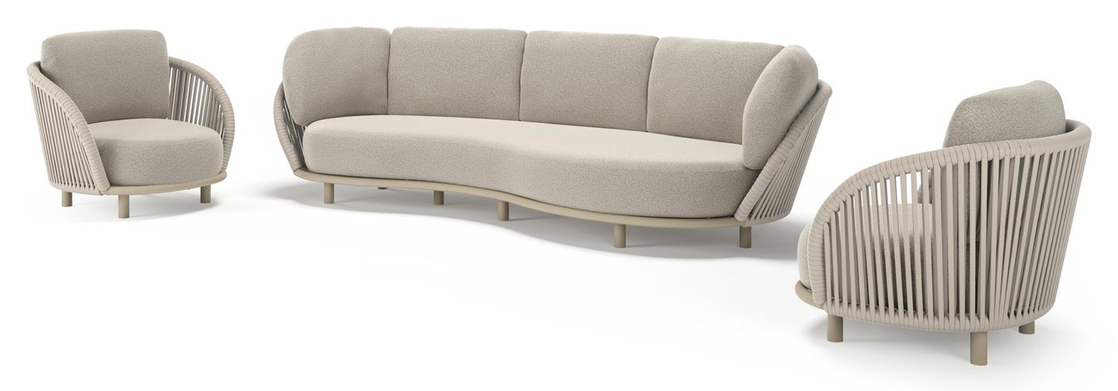 Lupino loungeset in beige aluminium en beige verticaal geweven luxe vlakke brede rope met firenze sand all weather solica kussen