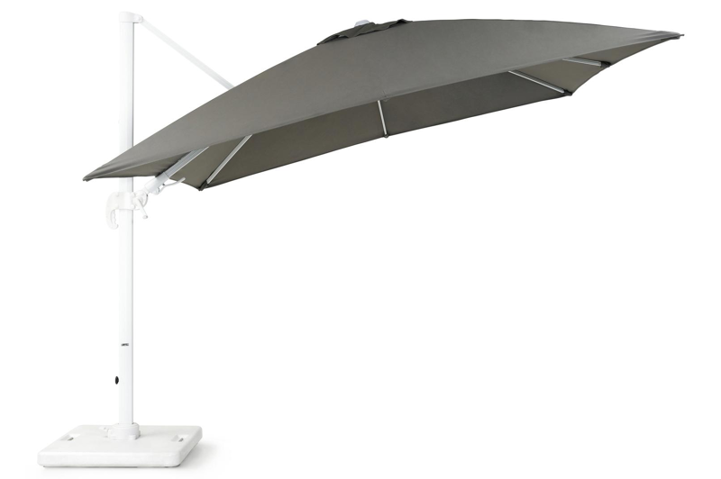 Avola zweefparasol met tiltfunctie in wit aluminium met grijs all weather sunbrella® premium parasoldoek - L1: 300 x L2: 300 cm (met voet)