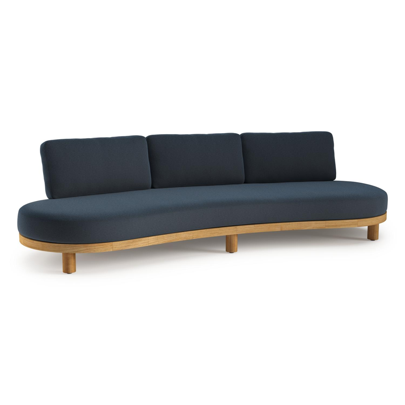 Donato loungebank in teak en beige verticaal geweven ronde rope met All Weather Sunbrella® luxe Heritage Indigo kussen