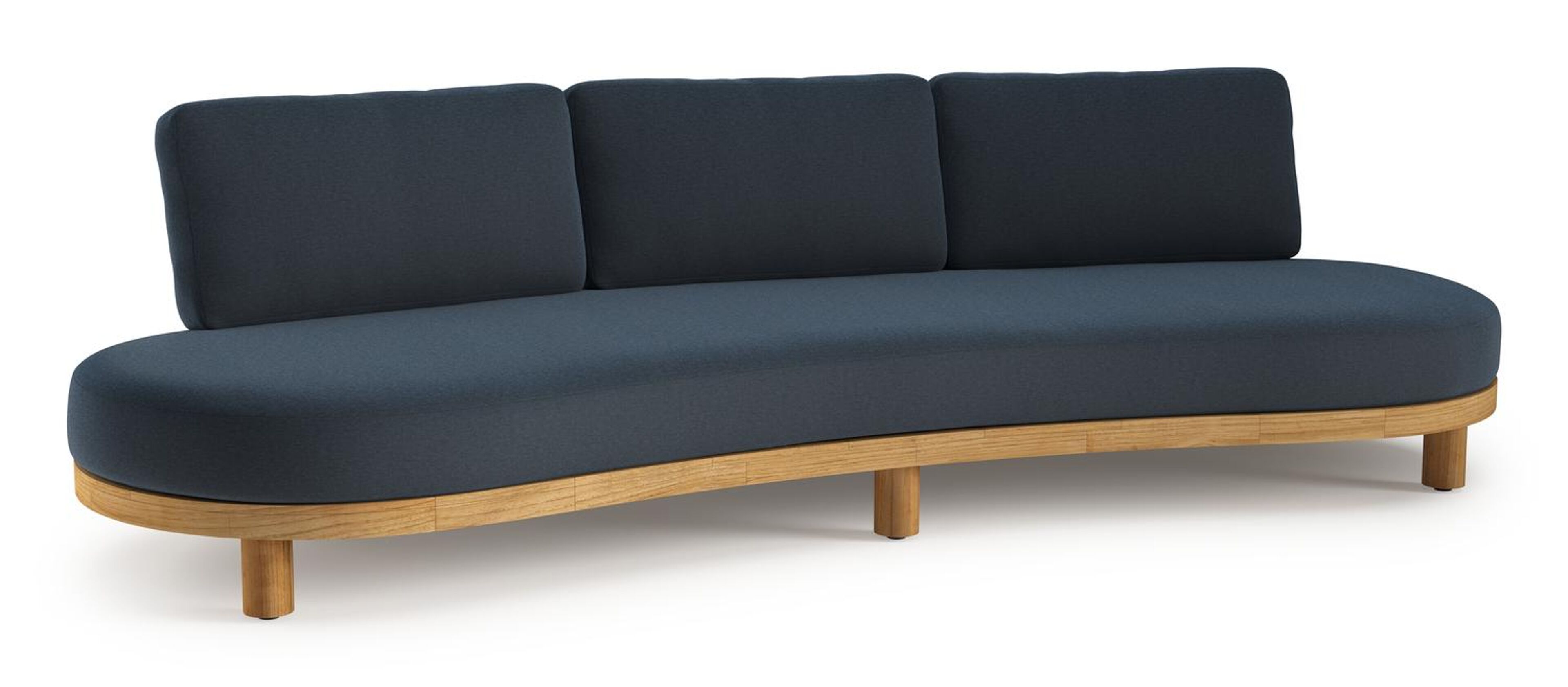 Donato loungebank in teak en beige verticaal geweven ronde rope met All Weather Sunbrella® luxe Heritage Indigo kussen