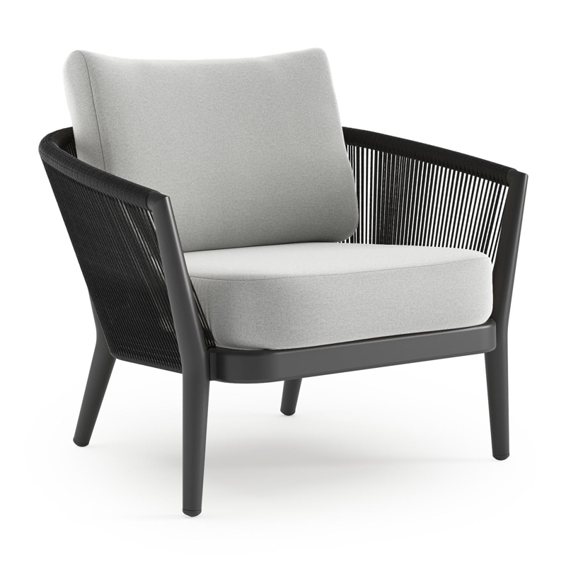 Orso loungestoel in zwart aluminium en zwart verticaal geweven ronde rope met Natte Grey Chine all weather sunbrella® luxe kussen