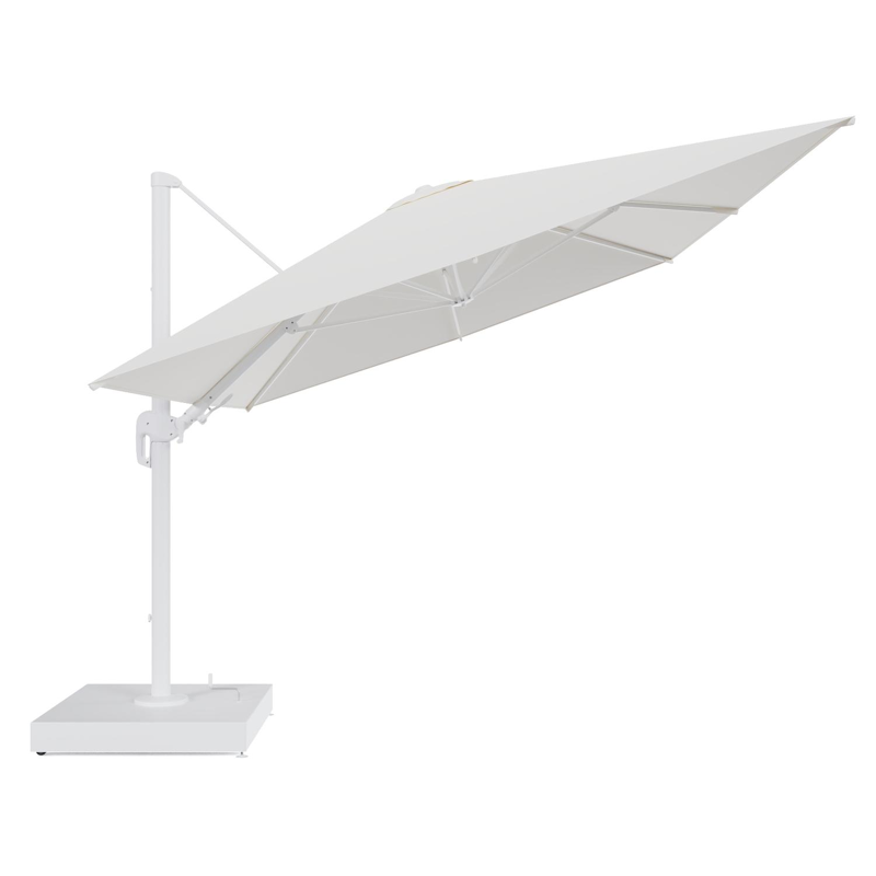 Parasol pendant Rufina avec fonction tilt en aluminium blanc et toile de parasol All Weather Sunbrella® Luxe Natte White - Lg.1 400 x Lg.2 300 cm avec pied de parasol Minore 260 kg avec roulettes