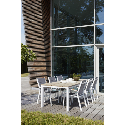Lioni stapelbare tuinstoel in wit aluminium en grijs comfort textilene en teak armleuning