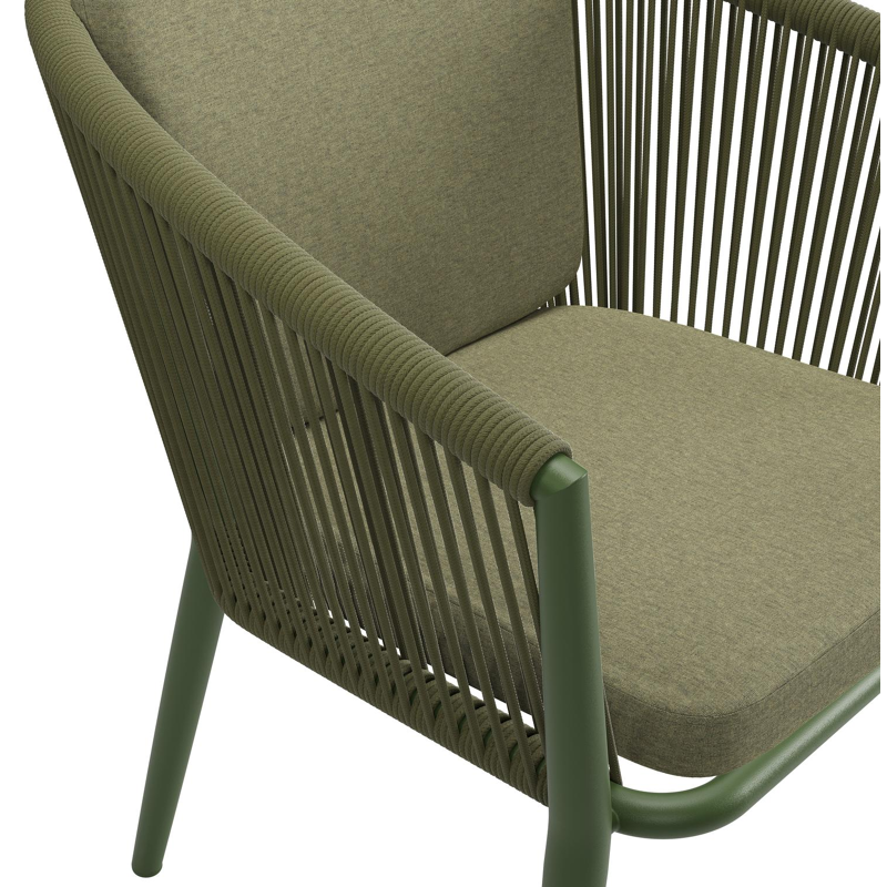 Orso stapelbare tuinstoel in groen aluminium en groen verticaal geweven ronde rope met kussen in All Weather Sunbrella® Luxe Heritage Leaf