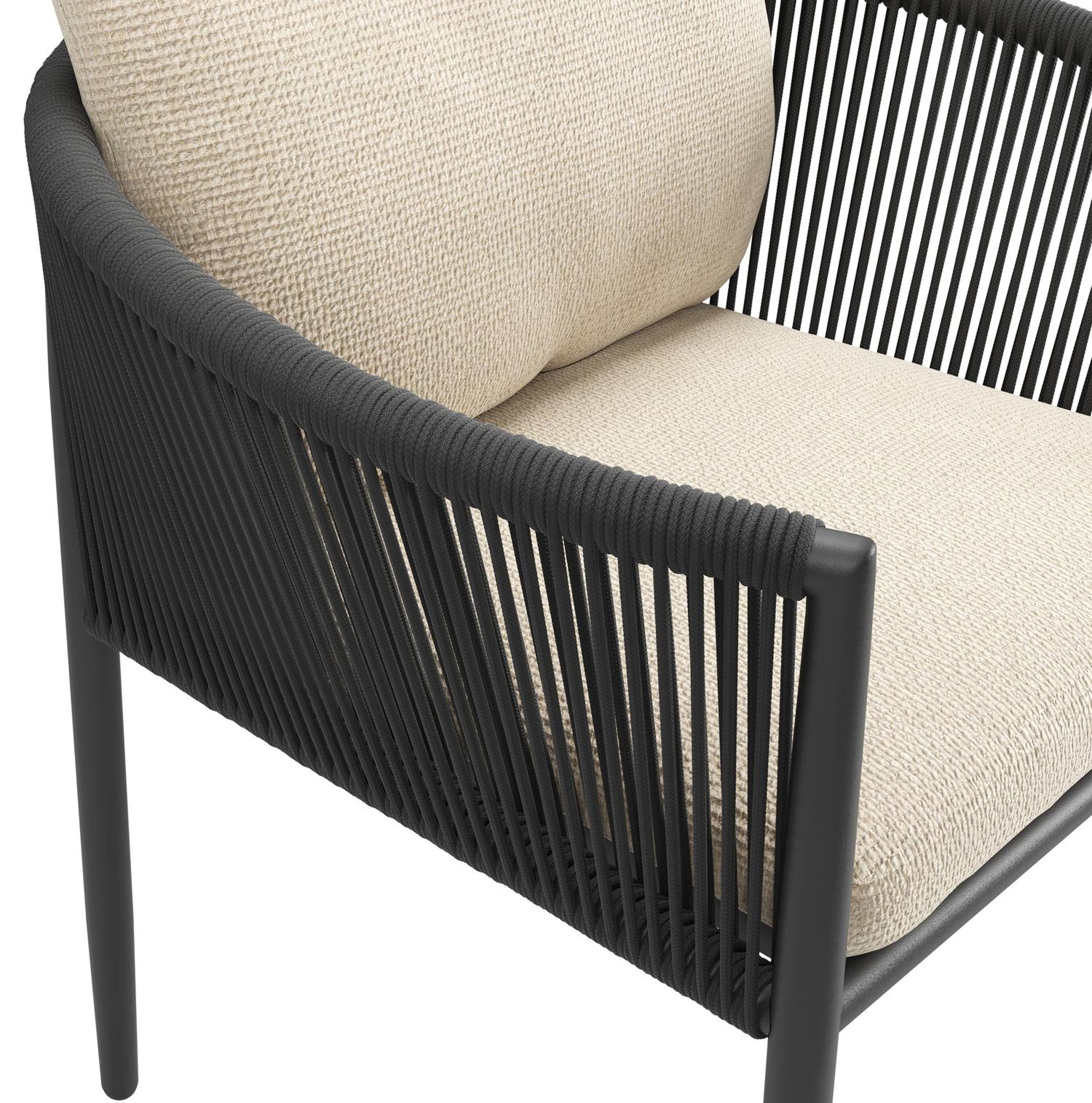 Organo tuinstoel in beige aluminium en beige verticaal geweven ronde rope met stoelkussen in All Weather Cosytica Althea Chalk