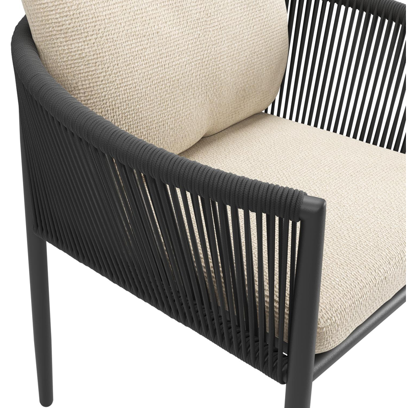 Organo tuinstoel in beige aluminium en beige verticaal geweven ronde rope met stoelkussen in All Weather Cosytica Althea Chalk