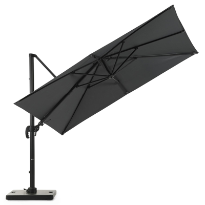 Avola zweefparasol met tiltfunctie in zwart aluminium met grijs all weather sunbrella® premium parasoldoek - L1: 300 x L2: 300 cm (met voet)