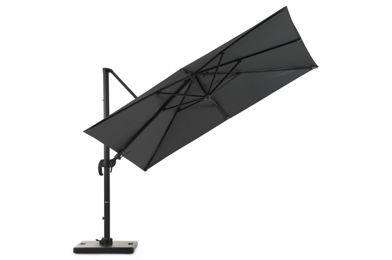 Avola zweefparasol met tiltfunctie in zwart aluminium met grijs all weather sunbrella® premium parasoldoek - L1: 300 x L2: 300 cm (met voet)