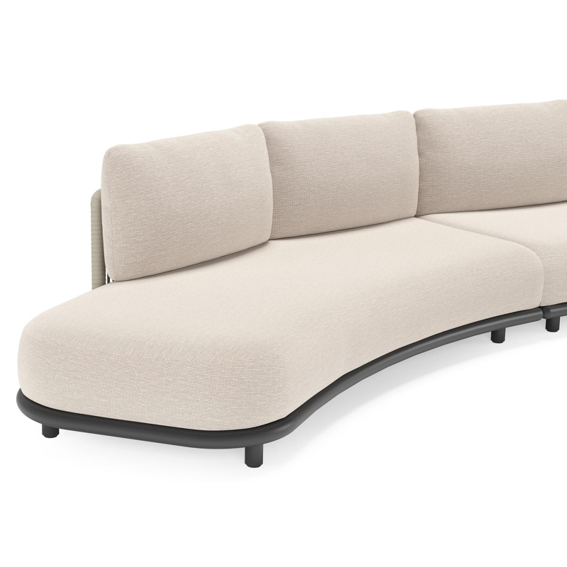 Lomano loungehoek in zwart aluminium en beige verticaal geweven luxe vlakke rope met Slow Farafra all weather sunbrella® luxe