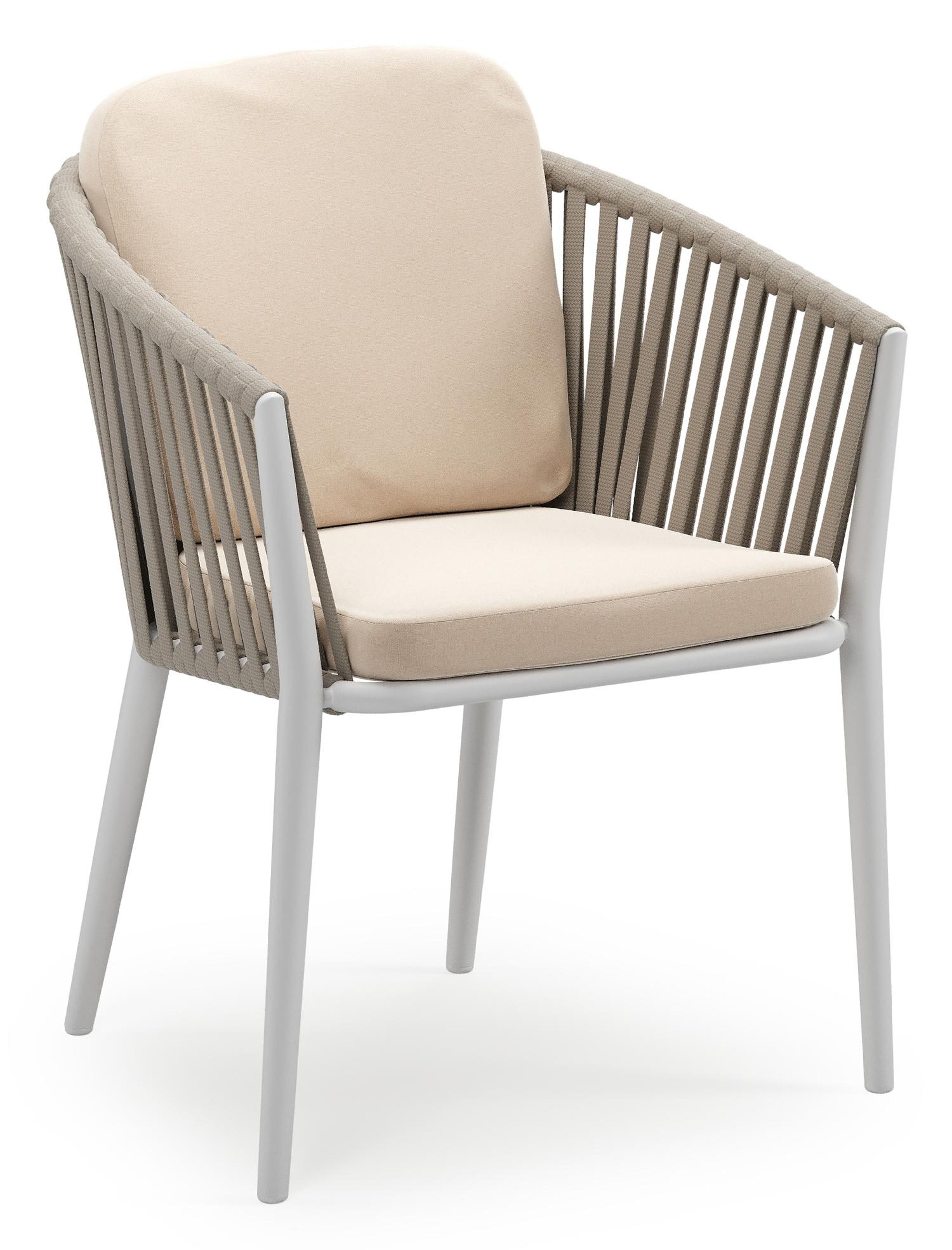 Chaise de jardin empilable Orso en aluminium blanc et corde large plate de luxe tissée verticalement beige avec coussin en All Weather Sunbrella® Luxe Natte Linen Chalk