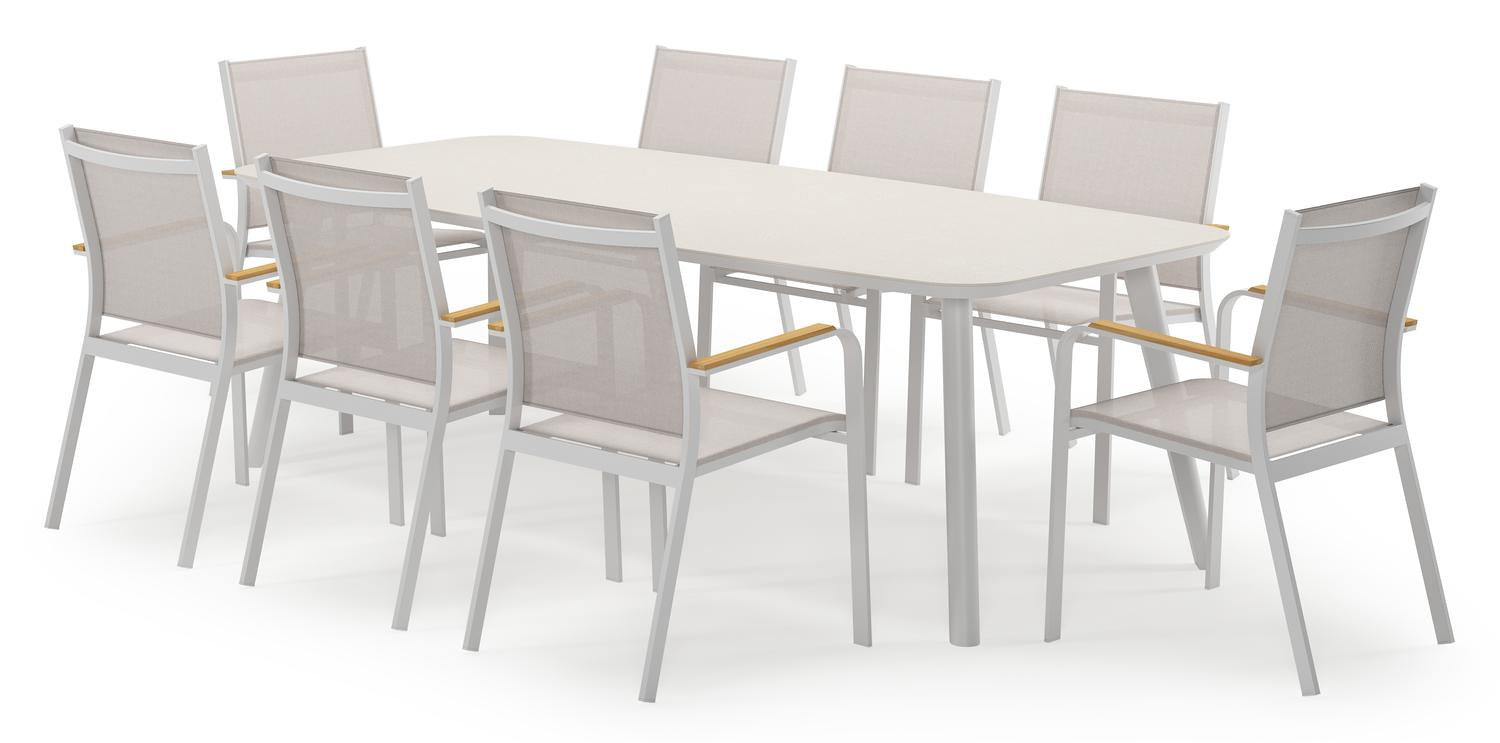 Mosa ensemble de jardin forme de bateau en aluminium blanc en sintered stone crema minerale avec 8 chaises de jardin Amalfi