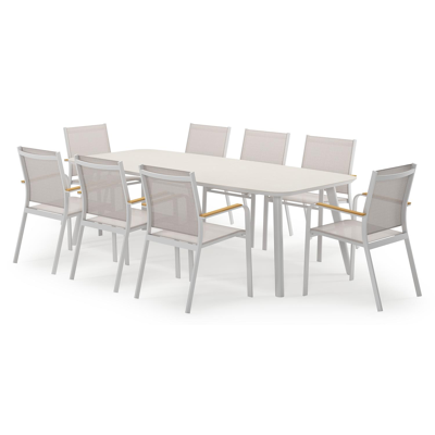 Mosa bootvormige tuinset in wit aluminium en sintered stone crema minerale met 8 Amalfi tuinstoelen